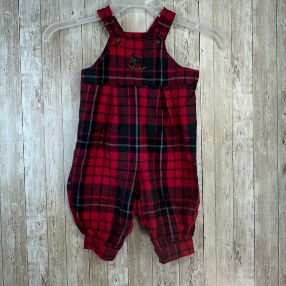 VTG Heartstrings Overalls Baby 6/9‎ Months Red Tartan Plaid Boat Cars USA 90s - Picture 1 of 9